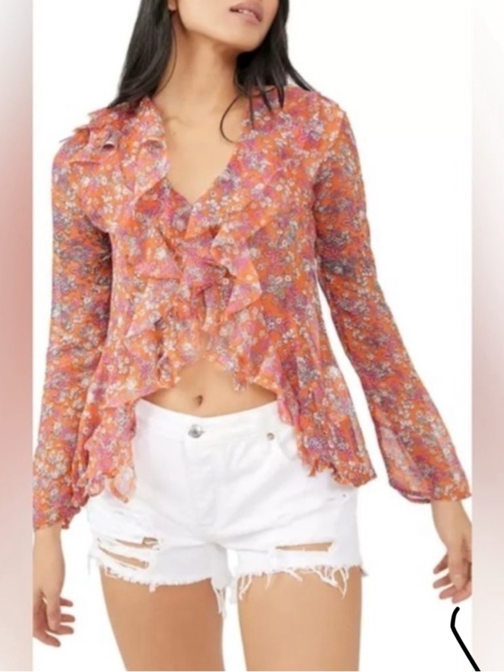 Free People Orange Floral Ruffle V-Neck Blouse